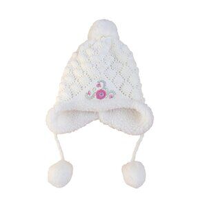 Adorable Girls’ Winter Hat – White, Warm, with Cute Pom-Poms & Pink Flower